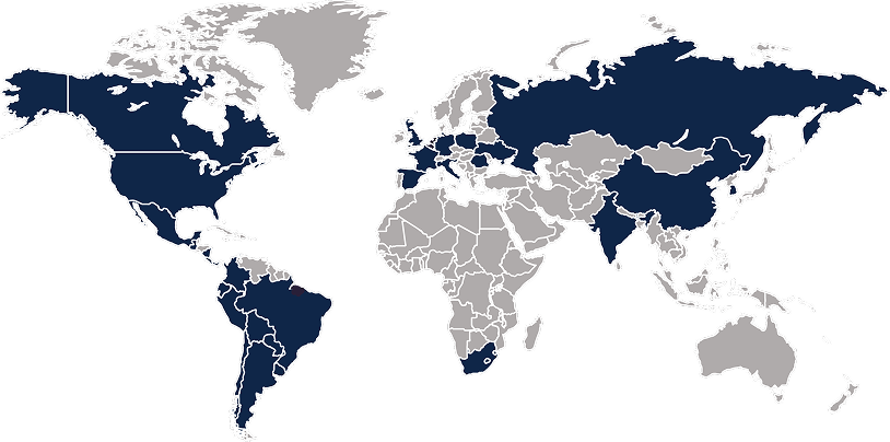 Mapa-múndi destacando países onde a 4intelligence realiza análises MU&F